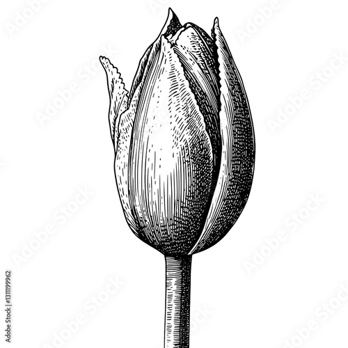 Detailed engraved vector of a tulip bud showcasing intricate line work and shading ideal for tattoo designs