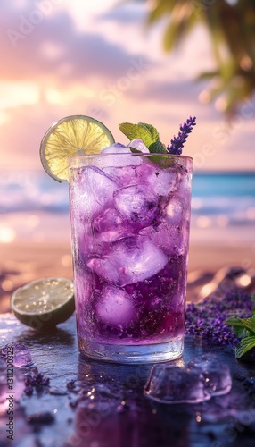 lavender artisan cocktail in glass on beach