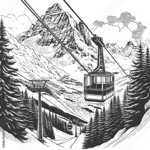 cable car ascending a mountain landscape with pine trees and snowy peaks sketch engraving generative ai vector illustration. Scratch board imitation. Black and white image.