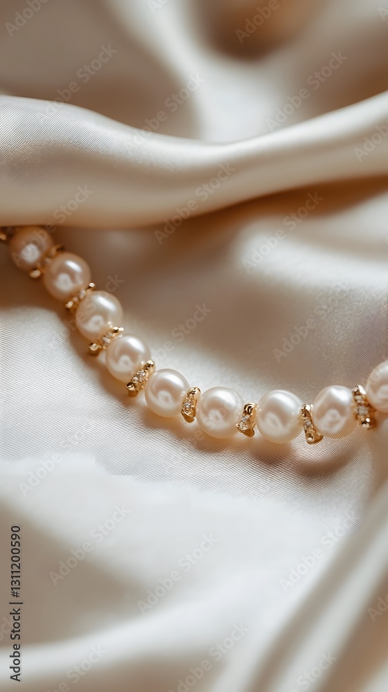 44. A close-up of a pearl bracelet with small gold accents, laid out elegantly on a satin fabric 44. A close-up of a pearl bracelet with small gold accents, laid out elegantly on a satin fabric