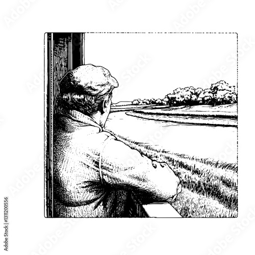 Engraved vector illustration of a man contemplating nature by the water's edge in a serene landscape