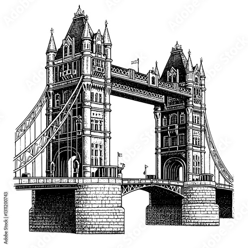 Engraved vector illustration of Tower Bridge showcasing intricate architectural details and historical significance