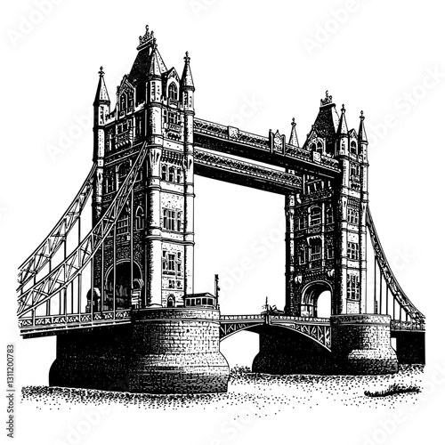 Intricate engraving of Tower Bridge showcasing gothic architecture in a vector tattoo style
