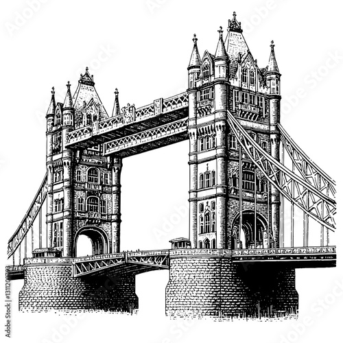 Engraved vector design of a historic bridge showcasing intricate architectural details and historical significance