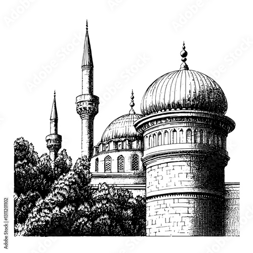 Detailed engraving of a historic mosque with domes and minarets surrounded by trees in a serene landscape