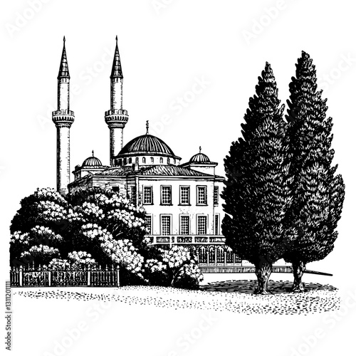 Intricate engraved vector design of a historic mosque surrounded by lush trees and a peaceful garden