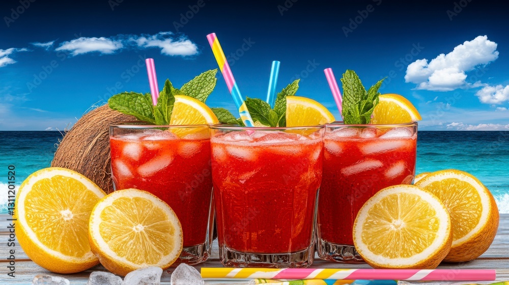 Fototapeta premium Refreshing Summer Drinks with Lemon and Coconut on Beach Background