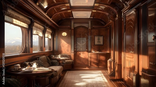 Luxurious vintage train interior showcasing elegant woodwork, cozy seating, and scenic mountain view