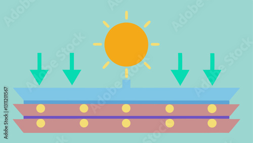 UV light interaction Visualize UV rays approaching a layer of nanosized particles that reflect and ter the rays with arrows indicating their deflection.