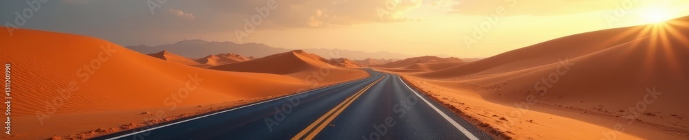 Endless asphalt ribbon cuts through desolate dunes, mirage shimmering, desolate, mirage Endless asphalt ribbon cuts through desolate dunes, mirage shimmering, desolate, mirage