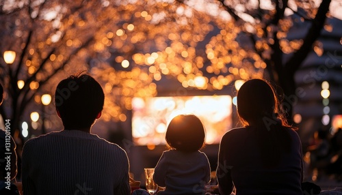 Family enjoying outdoor movie night under cherry blossoms