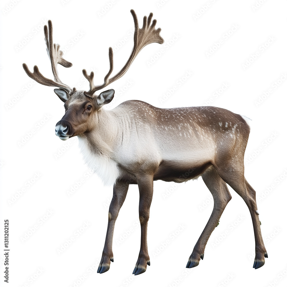 Obraz premium Reindeer standing on white background, showcasing its antlers