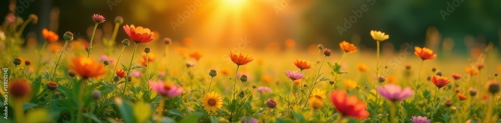 Golden hour light bathes vibrant wildflowers in a lush meadow , sunset, flora Golden hour light bathes vibrant wildflowers in a lush meadow , sunset, flora