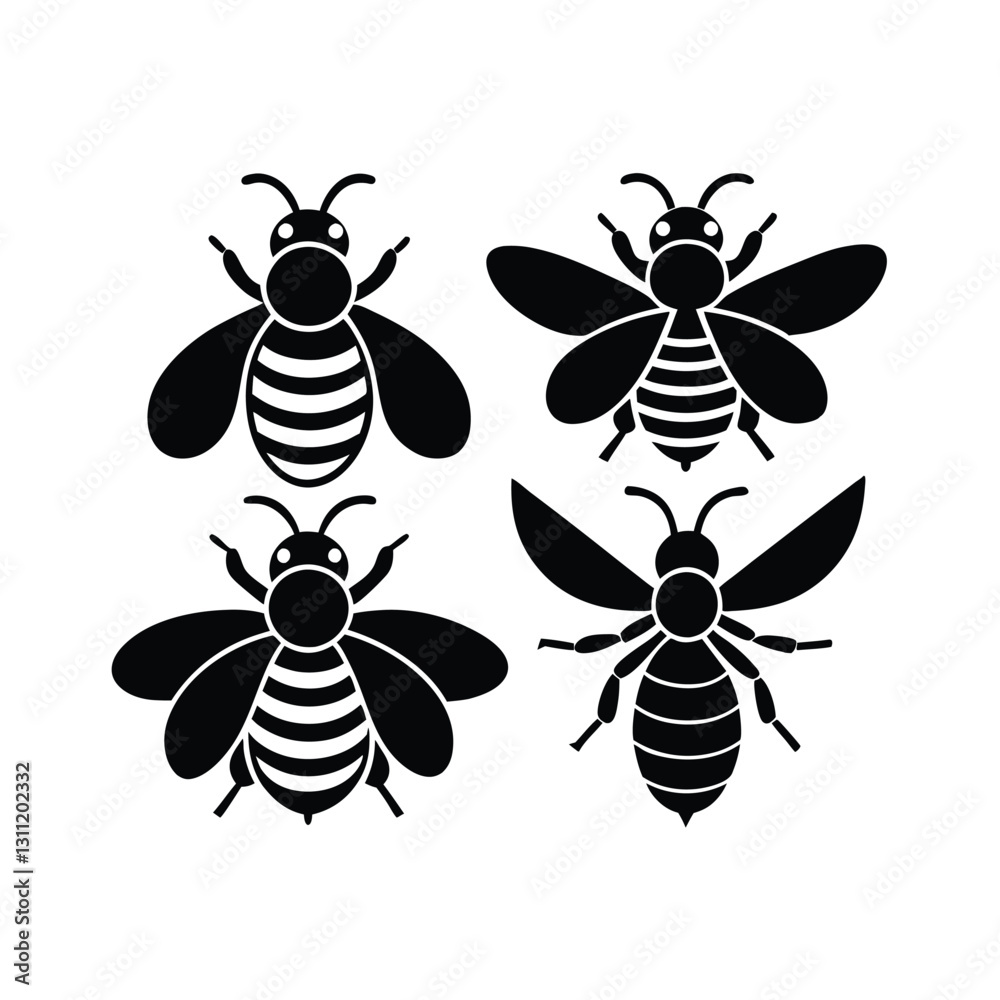 Simple Black and White Bee Silhouettes Set Simple Black and White Bee Silhouettes Set