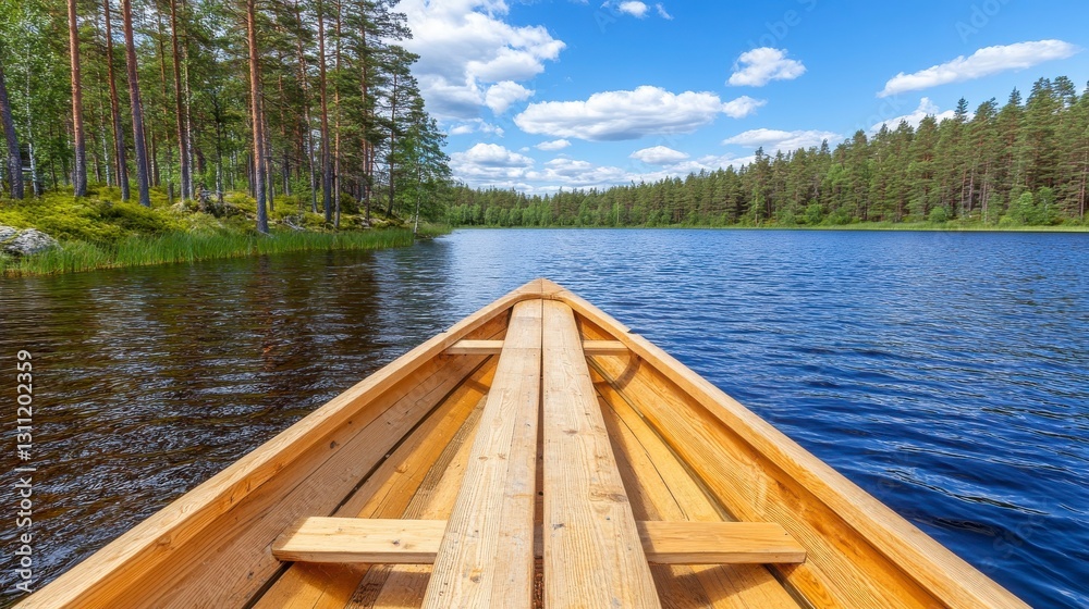 Wooden Boat Gliding Across Serene Lake Surrounded by Forests Wooden Boat Gliding Across Serene Lake Surrounded by Forests