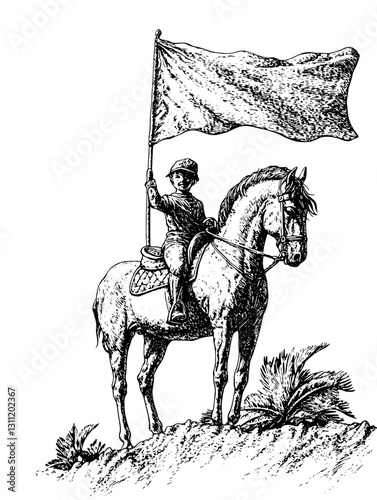 Engraved vector of a soldier on horseback holding a flag in a historic landscape representation