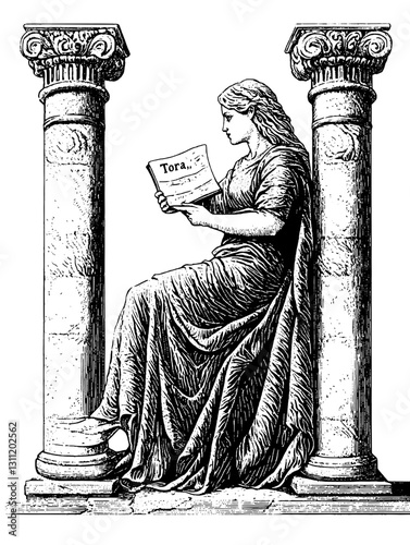 Engraved vector illustration of a woman reading the Torah, seated between ancient columns in a classical style