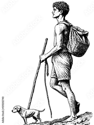 Young boy walking with dog along a trail while carrying a backpack and stick in a serene outdoor setting