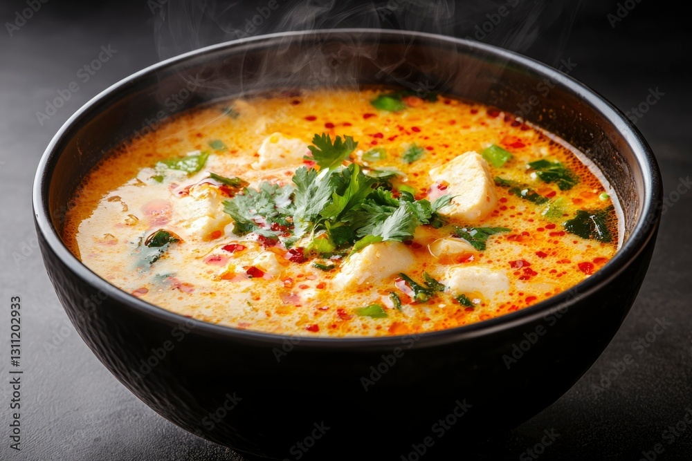 Steaming Spicy Soup with Tofu and Herbs in Black Bowl Steaming Spicy Soup with Tofu and Herbs in Black Bowl