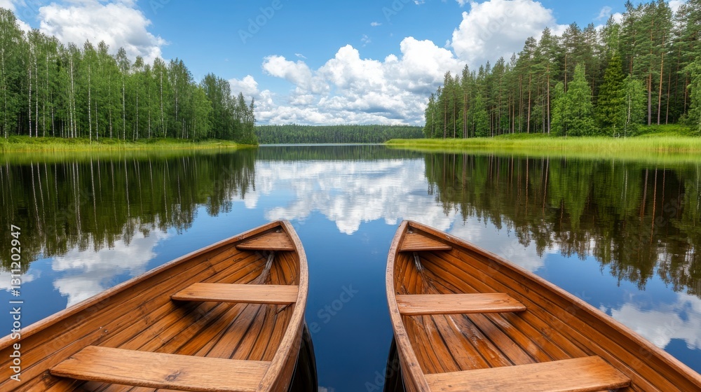 Serene Reflection of Boats on Calm Lake Surrounded by Lush Forest Serene Reflection of Boats on Calm Lake Surrounded by Lush Forest