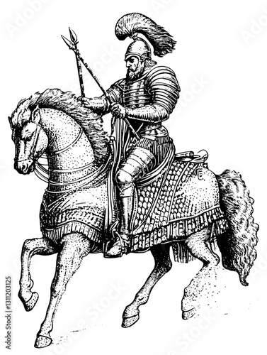Detailed engraved vector illustration of a knight on horseback equipped for battle
