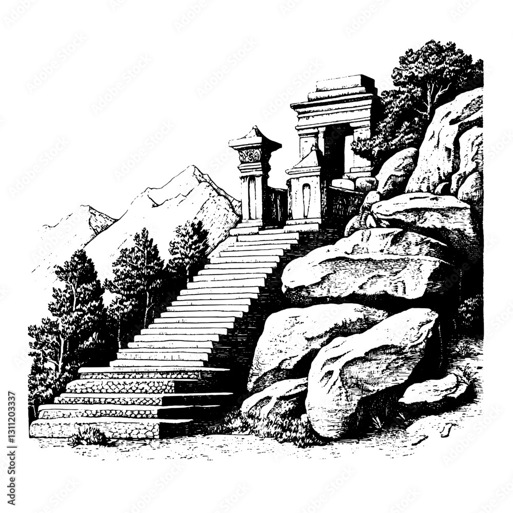 Fototapeta premium Stairway leading to ancient engraved temple surrounded by mountains and trees in a mystical landscape