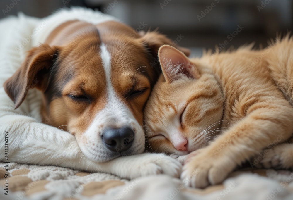 Dog and cat lovingly sleeping together on a cozy blanket Dog and cat lovingly sleeping together on a cozy blanket