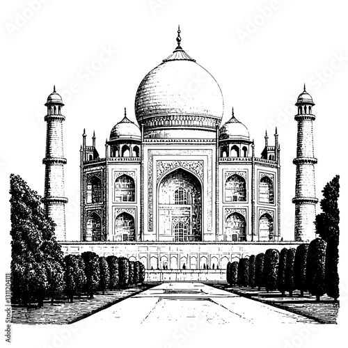 Engraved vector design featuring the Taj Mahal, a symbol of love and architectural marvel