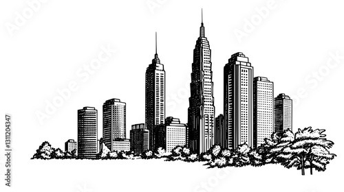 Engraved vector design of a modern city skyline with detailed buildings and trees in the foreground