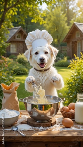 Dog chef cooking outdoors: a bright and detailed illustration with a dog in a chef's hat cooking on a table.