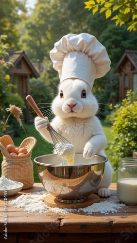Rabbit chef cooking outdoors: a bright and detailed illustration with a rabbit in a chef's hat cooking on a table.