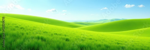 Expansive green meadow, rolling hills, clear sky, countryside, lush