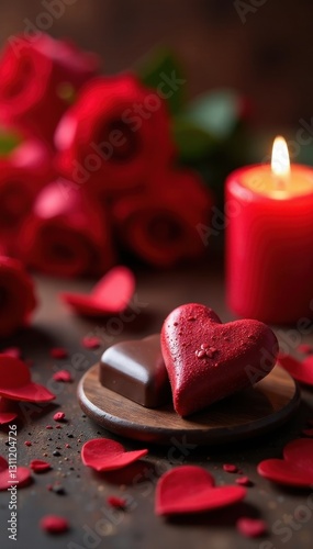 Elegant heart garland, chocolate, candles, romantic setting, gift, element, illustration