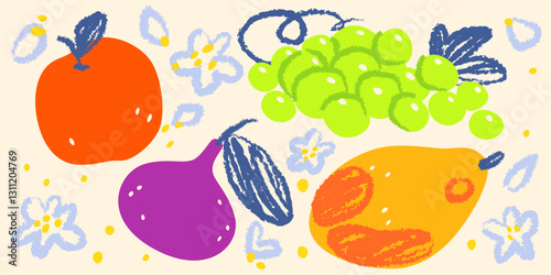 Risograph tropical fruit illustration with red apple, purple fig, green grapes and rape mango. Blue leaf details with flowers on cream background. Textured shapes for kitchen decor or menu design.