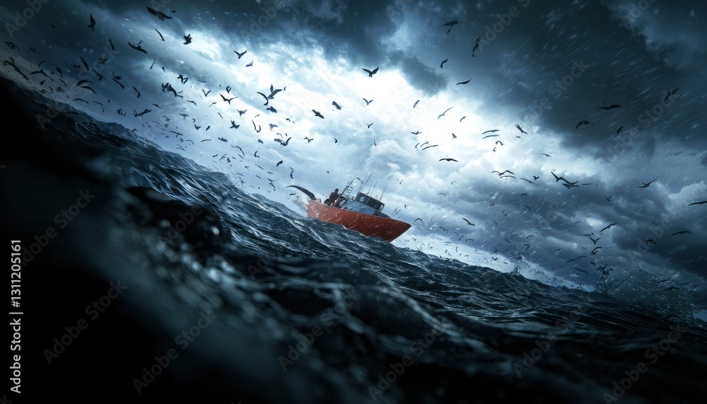 Fototapeta premium Fishing Boat Braving Stormy Seas Under Dark Clouds