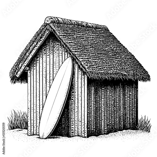 Illustration of a rustic surf shed with a straw roof and surfboard leaning against the weathered wood