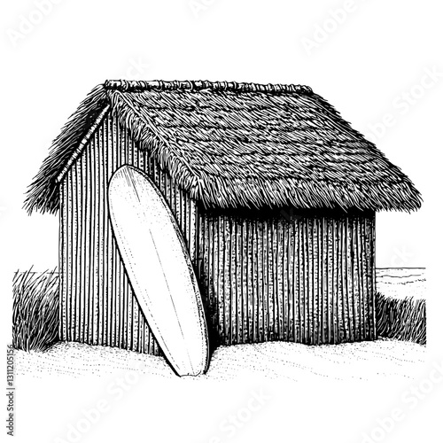 Engraved vector art depicting a rustic beach hut with a surfboard resting beside it