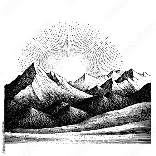 Engraved vector design featuring mountain landscape with sun rays and detailed textures for tattoo inspiration