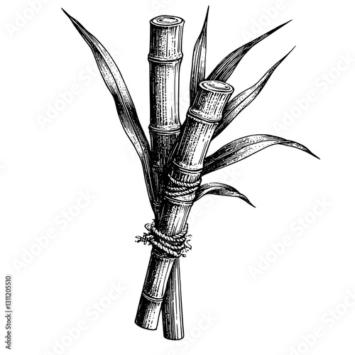 Engraved vector artwork of bamboo stalks with leaves, showcasing intricate tattoo design elements and nature-inspired details