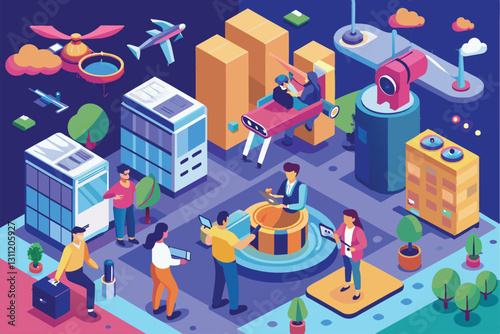 Groups of individuals collaborate on drone filming tasks in a lively city environment under clear skies, People filming with a drone Customizable Isometric Illustration
