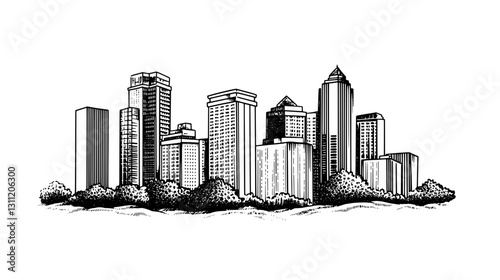 Engraved vector tattoo design of a city skyline with detailed buildings and trees in the foreground