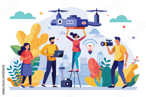 A group is using a customizable semi-flat drone while capturing content outdoors in a bustling city setting, People filming with a drone Customizable Semi Flat Illustration