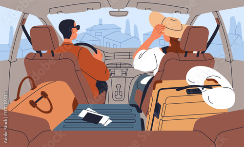 Couple travel to airport by car, back view. Man driver and woman passenger in...