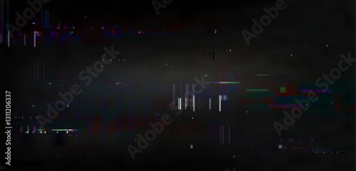 Pixel glitch effect with scattered digital distortion across dark backdrop. Neon elements create abstract pattern for cyberpunk designs or tech themed projects. Visual noise with geometric shapes.