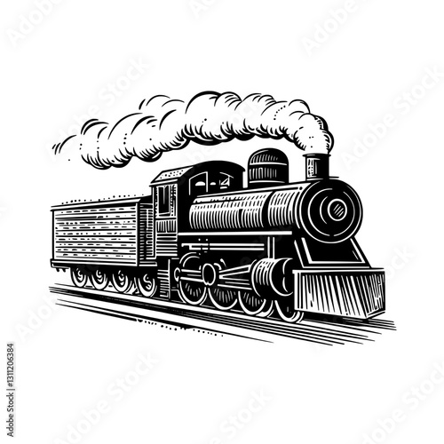Steam locomotive illustration featuring intricate engravings ideal for tattoos or design work