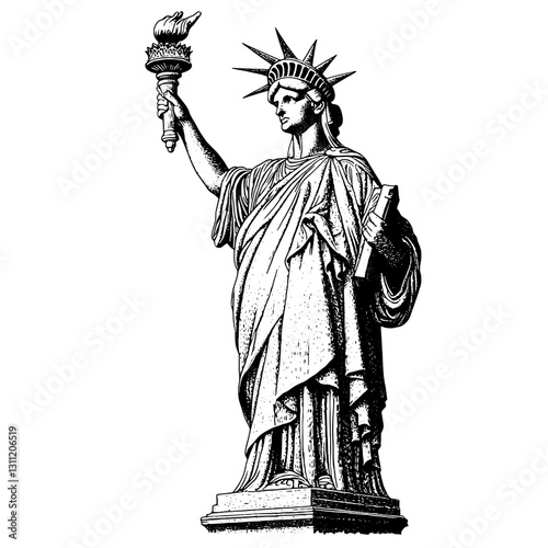 Engraved vector illustration of a monumental statue with a torch and book symbolizing freedom and enlightenment