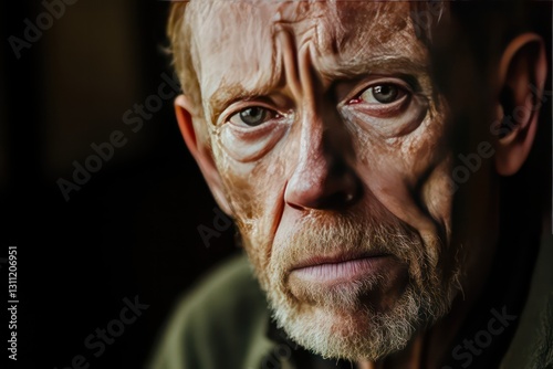 A high-definition portrait with a soft-focus background, a senior man suffering from intense headache, his expression weary and fatigued