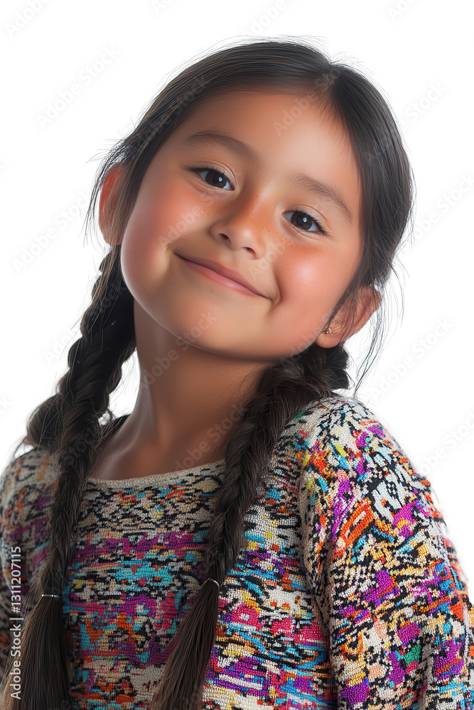 Smiling little girl with braided hair wearing colorful sweater, isolated on white background, portrait of happy child, joyful expression and youthful innocence. Smiling little girl with braided hair wearing colorful sweater, isolated on white background, portrait of happy child, joyful expression and youthful innocence.