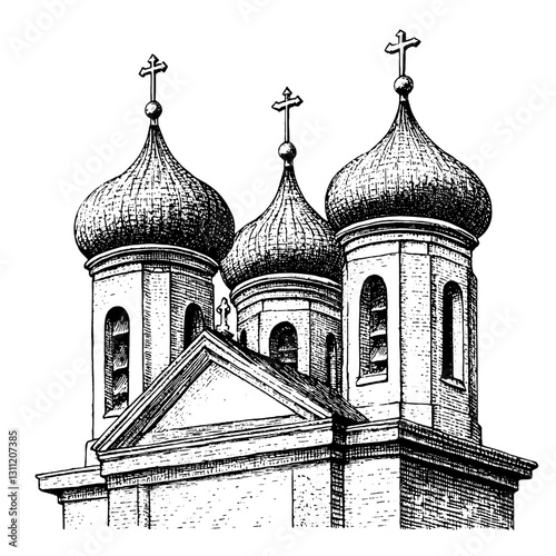 Engraved vector illustration of a traditional church with three onion domes and crosses prominently displayed in a serene architectural style