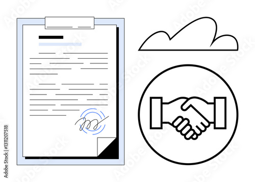 Document with signature, handshake in circle, cloud icon. Ideal for business partnership, agreement, trust, collaboration, digital transformation e-signatures remote work. Flat simple metaphor